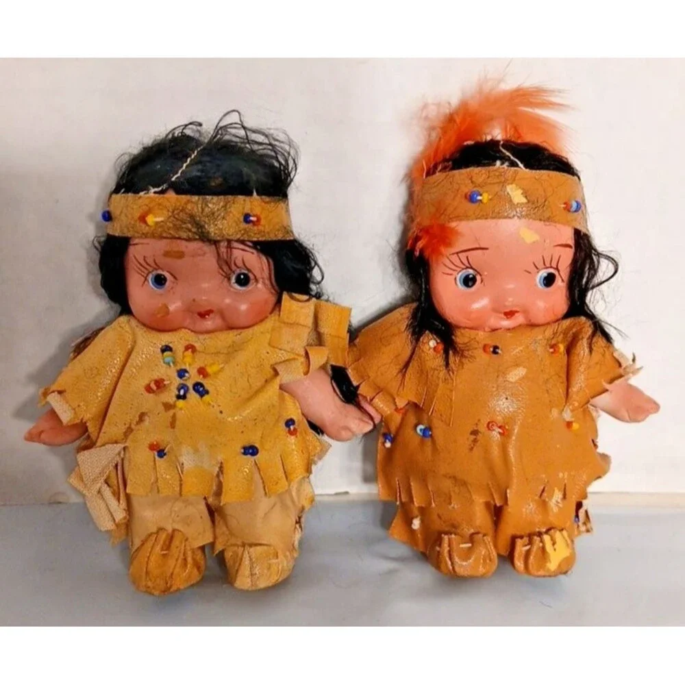 Indian Doll Lot Of 4 Plastic & Porcelain Bisque Native American